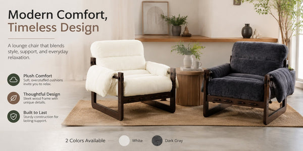 English Elm Chenille Upholstered Accent Chair with Rolled Arms Wooden Frame for Reading Nook or Living Room Beige W2989P400343