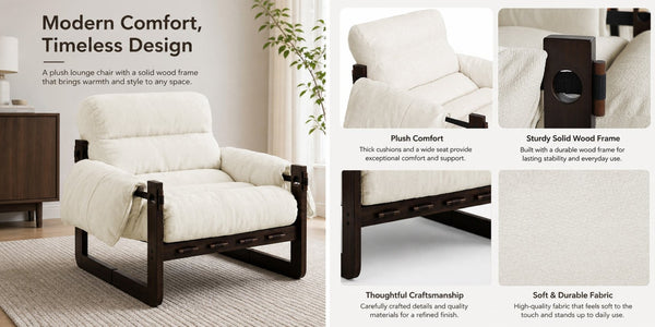 English Elm Chenille Upholstered Accent Chair with Rolled Arms Wooden Frame for Reading Nook or Living Room Beige W2989P400343