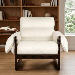 English Elm Chenille Upholstered Accent Chair with Rolled Arms Wooden Frame for Reading Nook or Living Room Beige W2989P400343