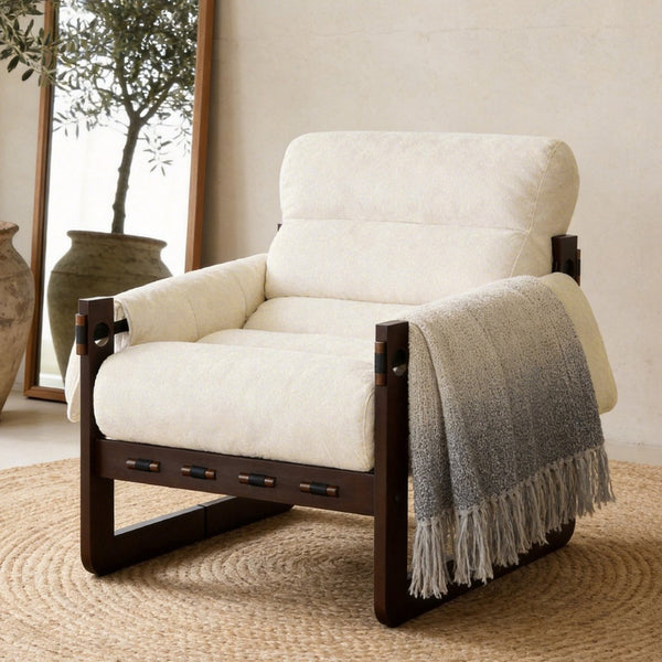 English Elm Chenille Upholstered Accent Chair with Rolled Arms Wooden Frame for Reading Nook or Living Room Beige W2989P400343