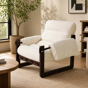 English Elm Chenille Upholstered Accent Chair with Rolled Arms Wooden Frame for Reading Nook or Living Room Beige W2989P400343