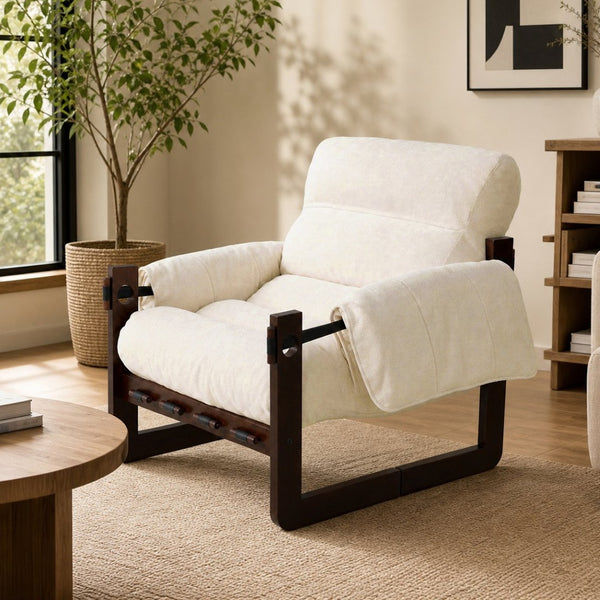 English Elm Chenille Upholstered Accent Chair with Rolled Arms Wooden Frame for Reading Nook or Living Room Beige W2989P400343
