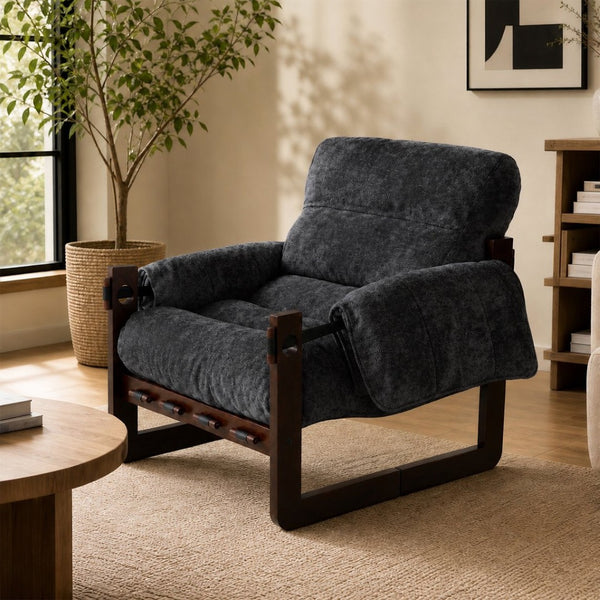 English Elm Chenille Upholstered Accent Chair with Rolled Arms Wooden Frame for Reading Nook or Living Room Dark Gray W2989P400348