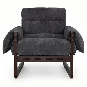 English Elm Chenille Upholstered Accent Chair with Rolled Arms Wooden Frame for Reading Nook or Living Room Dark Gray W2989P400348