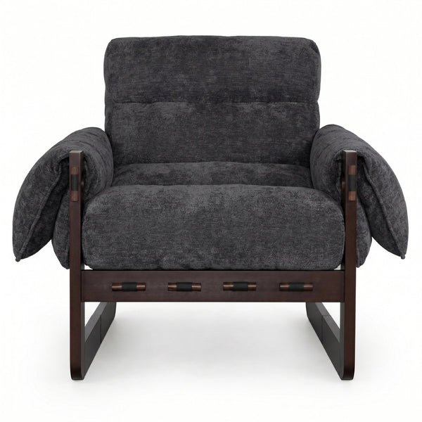English Elm Chenille Upholstered Accent Chair with Rolled Arms Wooden Frame for Reading Nook or Living Room Dark Gray W2989P400348