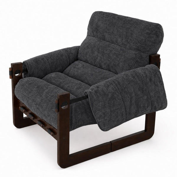 English Elm Chenille Upholstered Accent Chair with Rolled Arms Wooden Frame for Reading Nook or Living Room Dark Gray W2989P400348