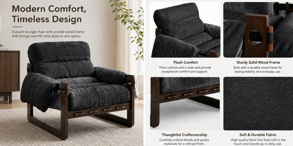 English Elm Chenille Upholstered Accent Chair with Rolled Arms Wooden Frame for Reading Nook or Living Room Dark Gray W2989P400348
