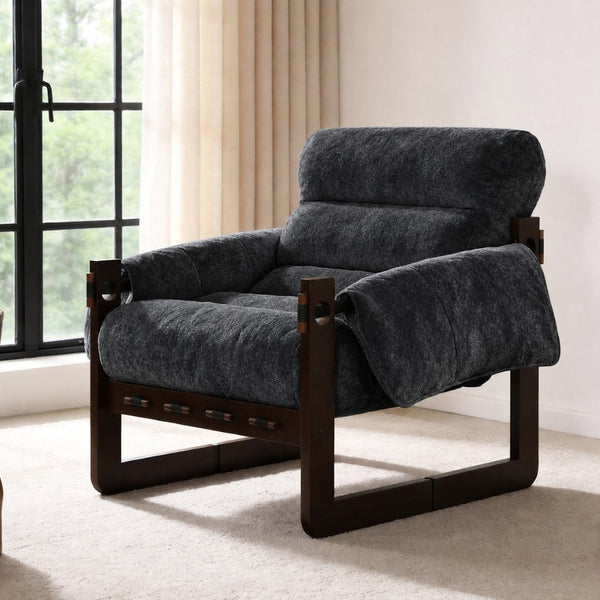English Elm Chenille Upholstered Accent Chair with Rolled Arms Wooden Frame for Reading Nook or Living Room Dark Gray W2989P400348