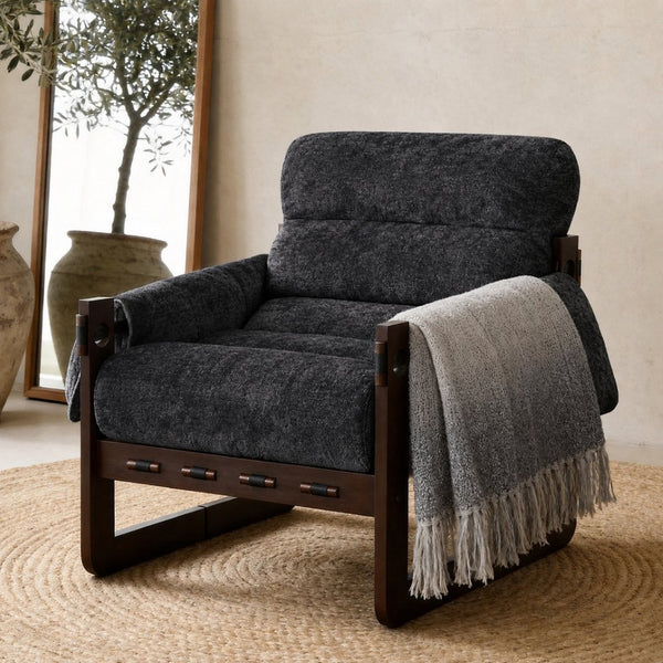 English Elm Chenille Upholstered Accent Chair with Rolled Arms Wooden Frame for Reading Nook or Living Room Dark Gray W2989P400348