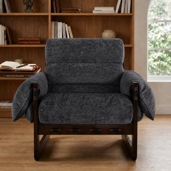 English Elm Chenille Upholstered Accent Chair with Rolled Arms Wooden Frame for Reading Nook or Living Room Dark Gray W2989P400348
