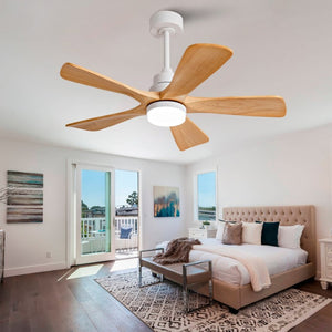 English Elm Hot 42 Inch Sycamore Wood Blade Ceiling Fan with LED Light and Remote Control Oak Natural Wood + Antique White 5 Blades - A W2991P334790
