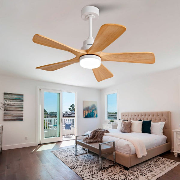 English Elm Hot 42 Inch Sycamore Wood Blade Ceiling Fan with LED Light and Remote Control Oak Natural Wood + Antique White 5 Blades - A W2991P334790