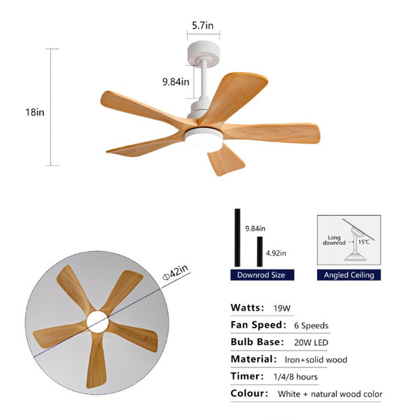 English Elm Hot 42 Inch Sycamore Wood Blade Ceiling Fan with LED Light and Remote Control Oak Natural Wood + Antique White 5 Blades - A W2991P334790