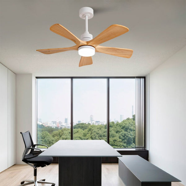 English Elm Hot 42 Inch Sycamore Wood Blade Ceiling Fan with LED Light and Remote Control Oak Natural Wood + Antique White 5 Blades - A W2991P334790