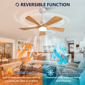 English Elm Hot 42 Inch Sycamore Wood Blade Ceiling Fan with LED Light and Remote Control Oak Natural Wood + Antique White 5 Blades - A W2991P334790