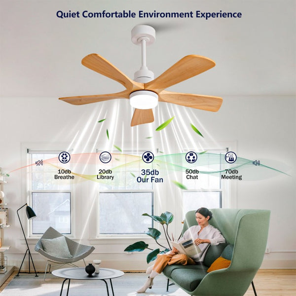 English Elm Hot 42 Inch Sycamore Wood Blade Ceiling Fan with LED Light and Remote Control Oak Natural Wood + Antique White 5 Blades - A W2991P334790