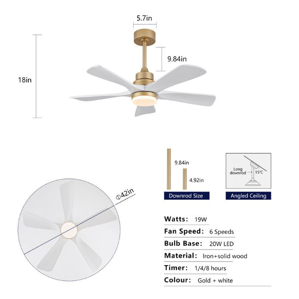 English Elm Hot 42 Inch Sycamore Wood Blade Ceiling Fan with LED Light and Remote Control Gold+White 5 Blades W2991P334791