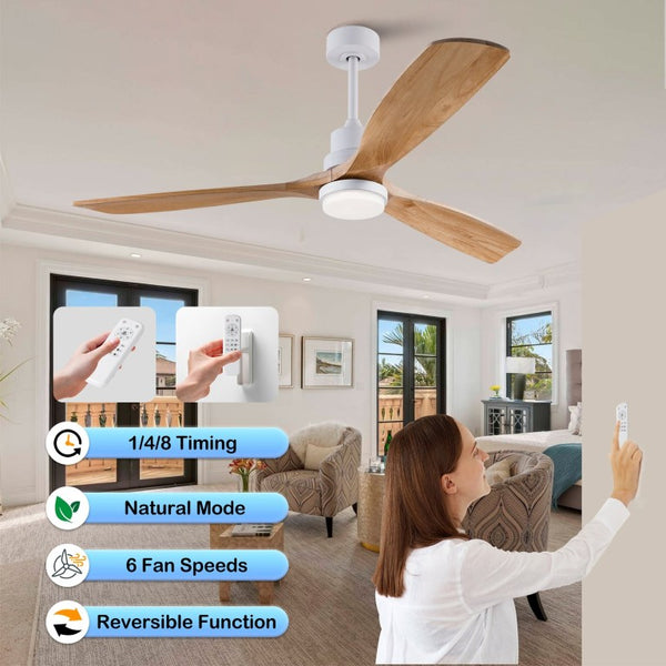 English Elm Hot 60 Inch Sycamore Wood Blade Ceiling Fan with Dimmable LED and DC Motor Oak Natural Wood + Antique White W2991P334802