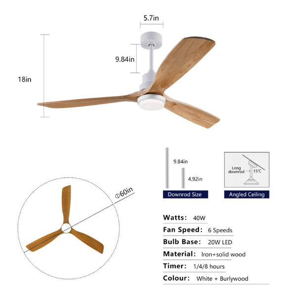 English Elm Hot 60 Inch Sycamore Wood Blade Ceiling Fan with Dimmable LED and DC Motor Oak Natural Wood + Antique White W2991P334802