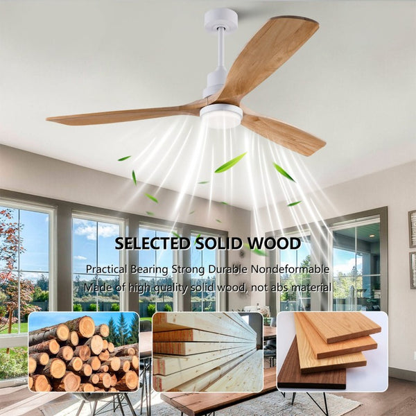 English Elm Hot 60 Inch Sycamore Wood Blade Ceiling Fan with Dimmable LED and DC Motor Oak Natural Wood + Antique White W2991P334802