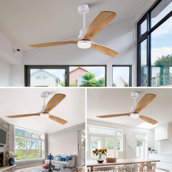 English Elm Hot 60 Inch Sycamore Wood Blade Ceiling Fan with Dimmable LED and DC Motor Oak Natural Wood + Antique White W2991P334802