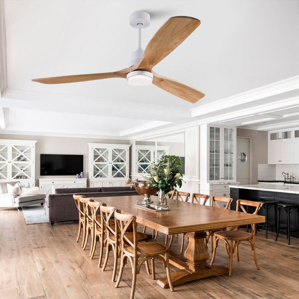 English Elm Hot 60 Inch Sycamore Wood Blade Ceiling Fan with Dimmable LED and DC Motor Oak Natural Wood + Antique White W2991P334802