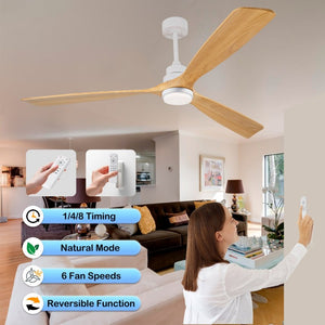 English Elm Hot 72 Inch Sycamore Wood Blade Ceiling Fan with Dimmable LED Light and Remote Oak Natural Wood + Antique White - A W2991P334804