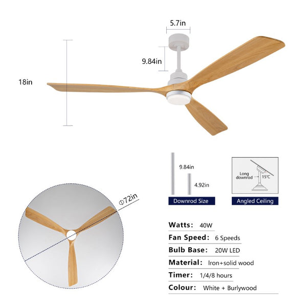 English Elm Hot 72 Inch Sycamore Wood Blade Ceiling Fan with Dimmable LED Light and Remote Oak Natural Wood + Antique White - A W2991P334804