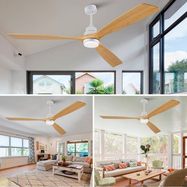English Elm Hot 72 Inch Sycamore Wood Blade Ceiling Fan with Dimmable LED Light and Remote Oak Natural Wood + Antique White - A W2991P334804