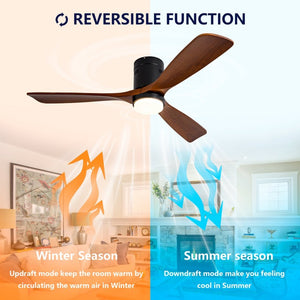 English Elm Hot Sycamore Wood Flush Mount Ceiling Fan 52 Inch LED Remote DC Motor Indoor Outdoor W2991P338629