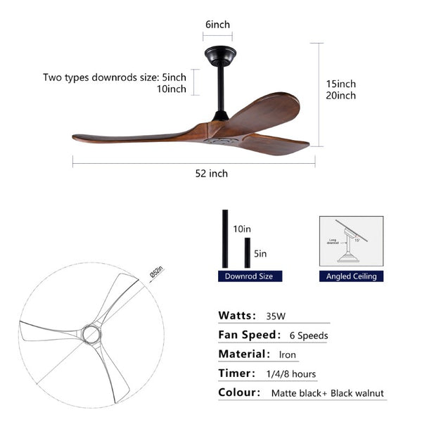 English Elm Hot 52 Inch Matte Black Ceiling Fan Sycamore Wood Blades LED Light Remote Bedroom W2991P338631