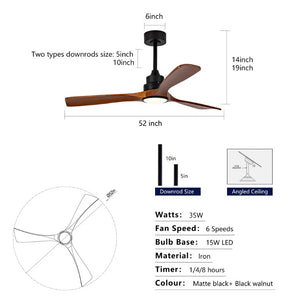 English Elm Hot 52 Inch Black Ceiling Fan Sycamore Wood Blades Dimmable LED Copper DC Motor W2991P338635