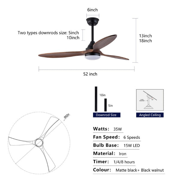 English Elm Hot 52 Inch Black Ceiling Fan Sycamore Wood Blades Dimmable LED Remote DC Motor W2991P338637