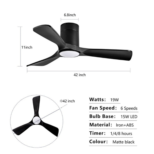 English Elm Hot 42 Inch Flush Mount Ceiling Fan with Dimmable Light DC Motor Remote Six Speed Black - A W2991P338641