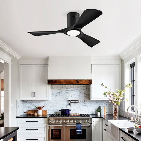 English Elm Hot 42 Inch Flush Mount Ceiling Fan with Dimmable Light DC Motor Remote Six Speed Black - A W2991P338641