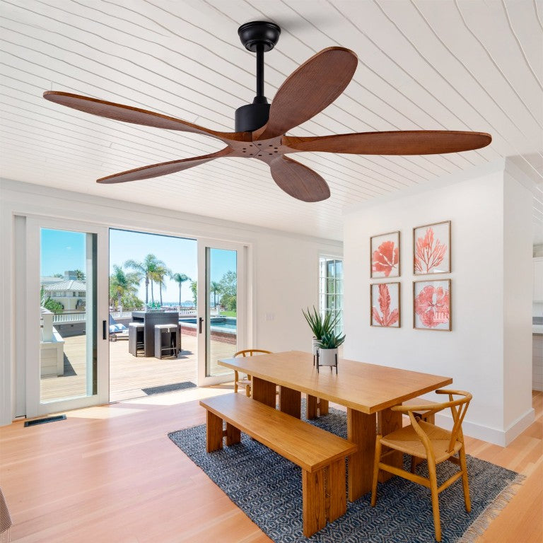 English Elm New 60 Inch Sycamore Wood Blade Ceiling Fan with LED Light and Reversible DC Motor Black + Dark Walnut 5 Blades W2991P343746