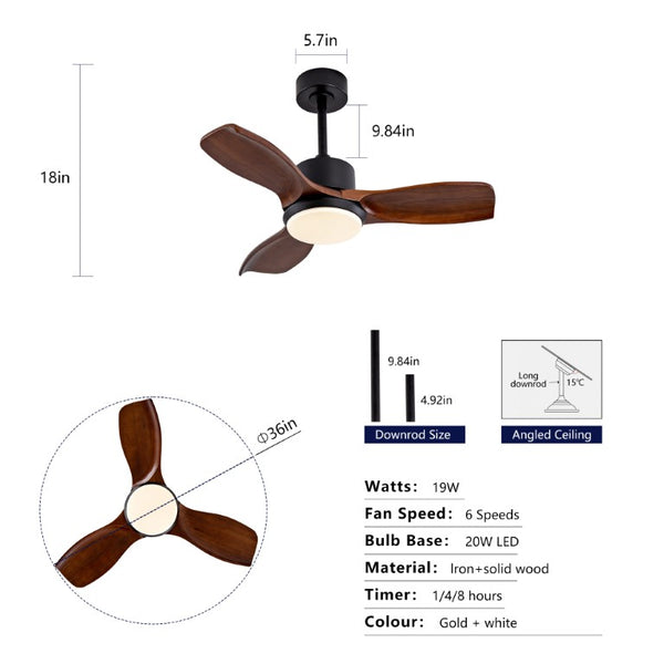 English Elm 36 Inch Paulownia Wood Blade Ceiling Fan with LED Light and Quiet DC Motor for Indoor Outdoor W2991P396628