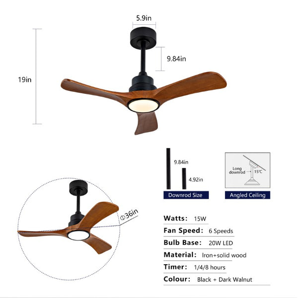 English Elm New 36 Inch Walnut Blade Ceiling Fan with LED Light and Silent DC Motor for Bedrooms W2991P396663