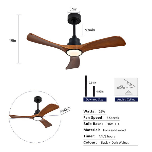 English Elm New 42 Inch Solid Walnut Blade Ceiling Fan with LED Light and Quiet DC Motor W2991P396664