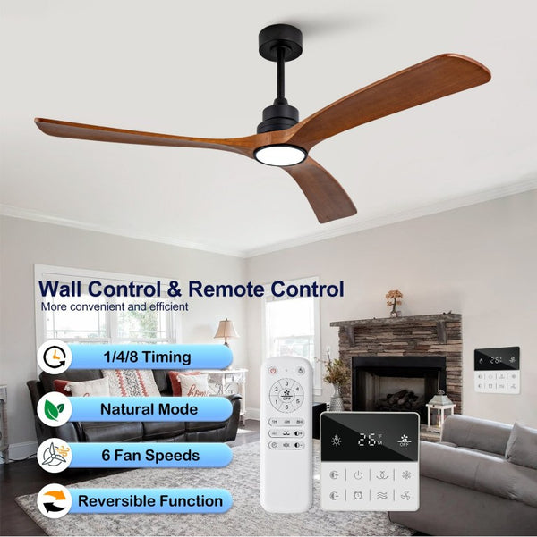English Elm New 60 Inch Sycamore Wood Blade Ceiling Fan with LED Light and Reversible DC Motor Black 3 Blades W2991P396666