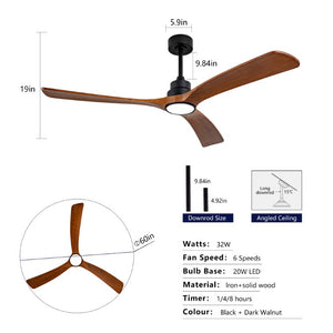 English Elm New 60 Inch Sycamore Wood Blade Ceiling Fan with LED Light and Reversible DC Motor Black 3 Blades W2991P396666