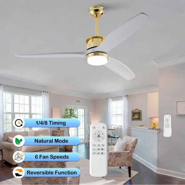 English Elm 52 Inch Modern Ceiling Fan with Dimmable LED Gold Accents and Solid Wood Blades W2991P396672