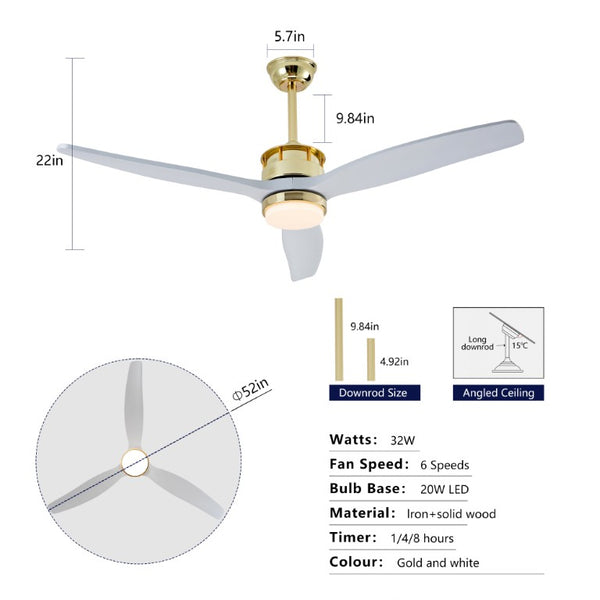 English Elm 52 Inch Modern Ceiling Fan with Dimmable LED Gold Accents and Solid Wood Blades W2991P396672