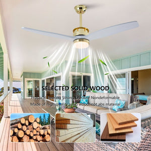 English Elm 52 Inch Modern Ceiling Fan with Dimmable LED Gold Accents and Solid Wood Blades W2991P396672