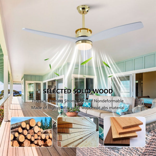 English Elm 52 Inch Modern Ceiling Fan with Dimmable LED Gold Accents and Solid Wood Blades W2991P396672