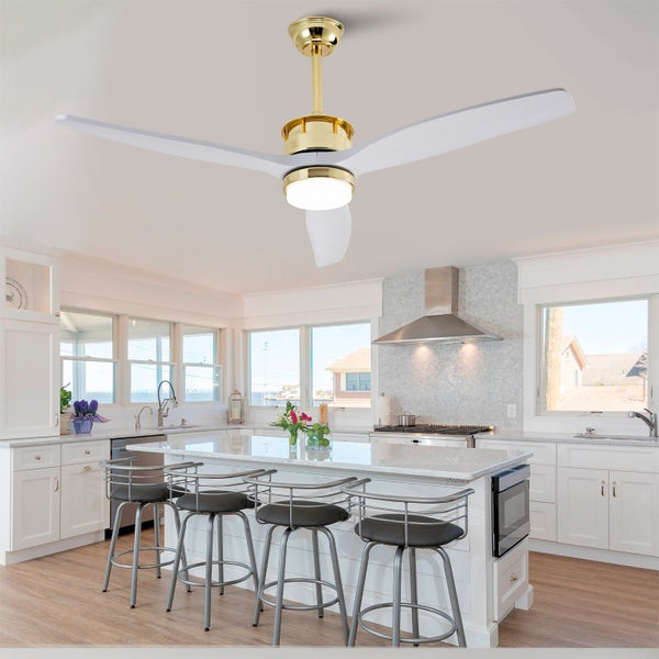 English Elm 52 Inch Modern Ceiling Fan with Dimmable LED Gold Accents and Solid Wood Blades W2991P396672