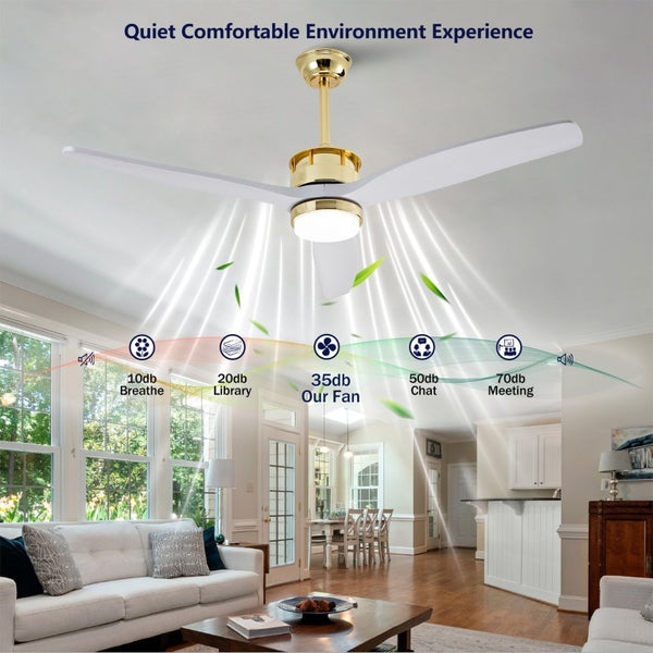 English Elm 52 Inch Modern Ceiling Fan with Dimmable LED Gold Accents and Solid Wood Blades W2991P396672