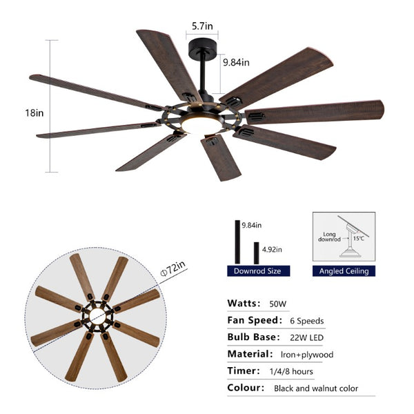 English Elm Large 72 Inch 8 Blade Ceiling Fan with Dimmable Light Reversible DC Motor Indoor Outdoor W2991P397215