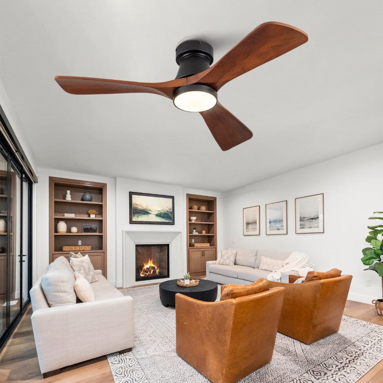 English Elm 42 Inch Flush Mount Ceiling Fan with Solid Wood Blades Dimmable LED and DC Motor W2991P397224