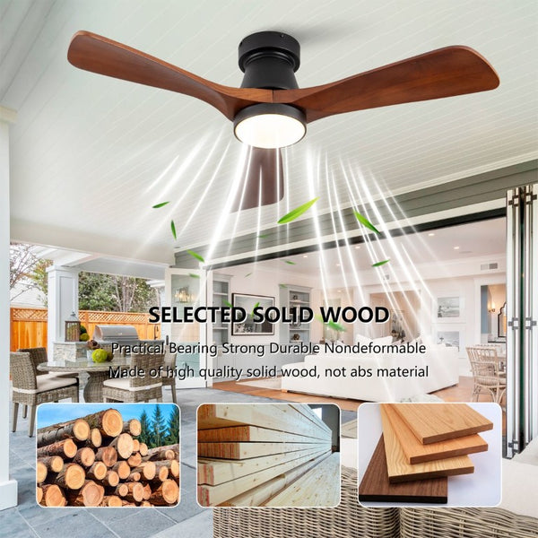 English Elm 42 Inch Flush Mount Ceiling Fan with Solid Wood Blades Dimmable LED and DC Motor W2991P397224